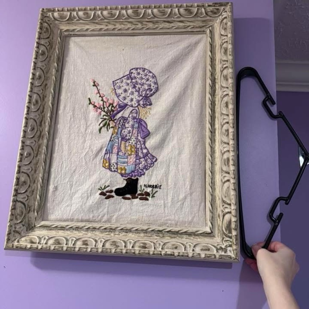 Holly Hobbie Crosstitch Mixed Media Art with Floral Accents wooden frame